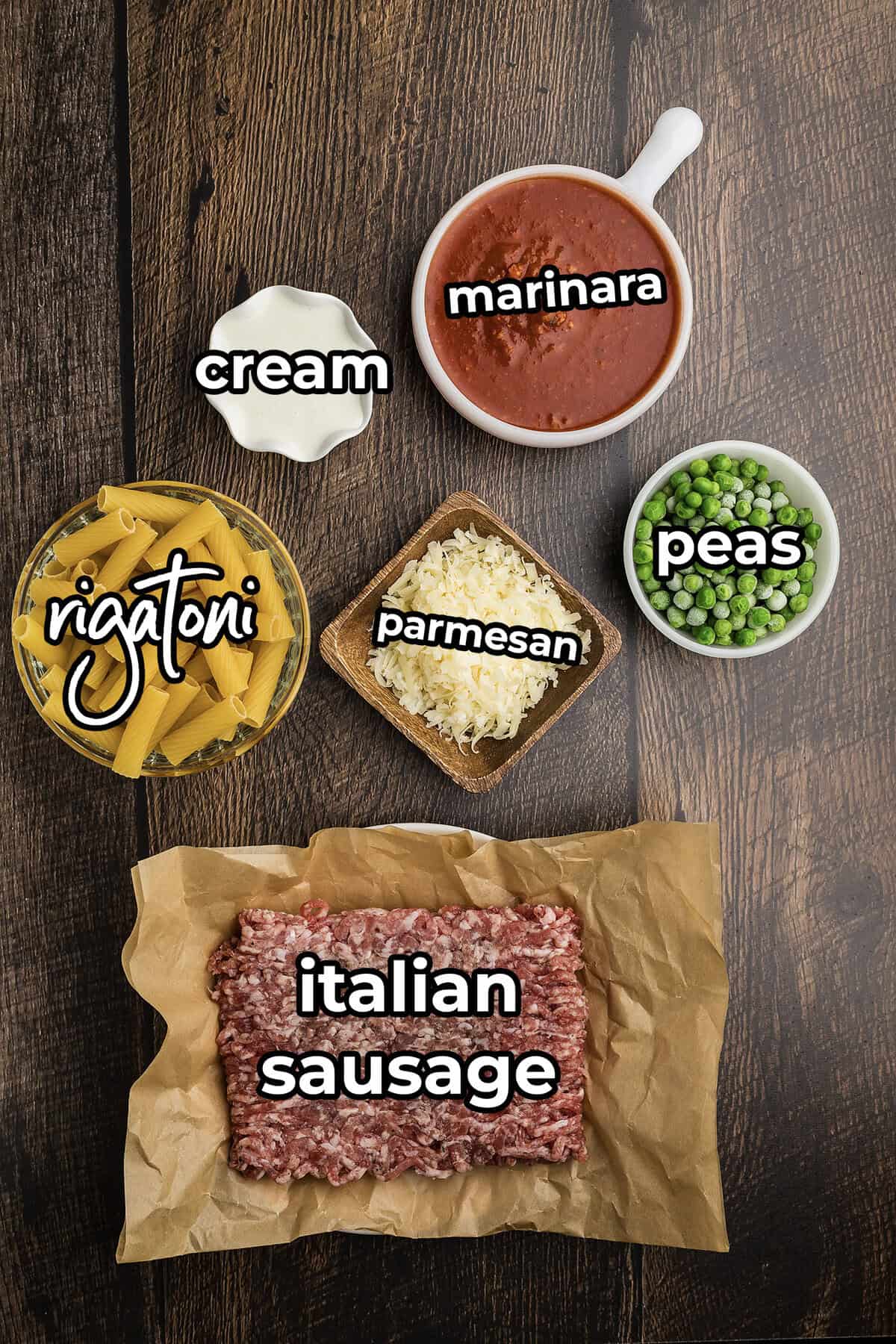 Ingredients for creamy sausage pasta recipe.