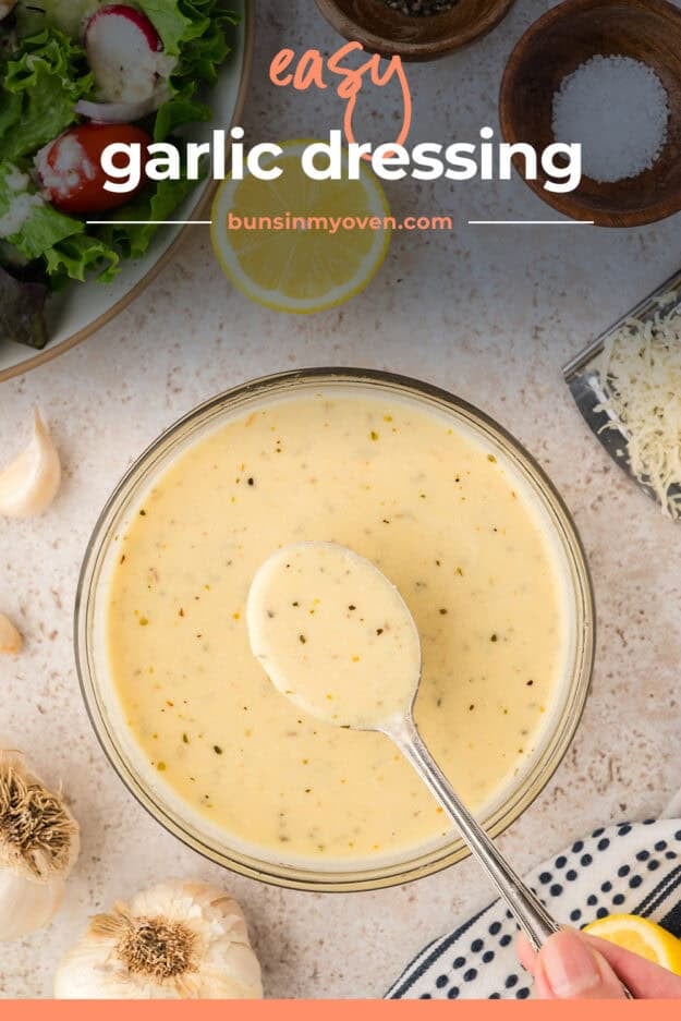 Bowl full of easy garlic salad dressing.