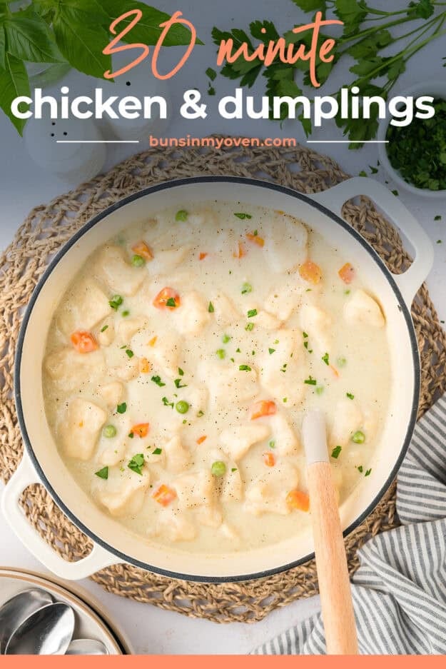 Soup pot full of easy chicken and dumplings recipe.