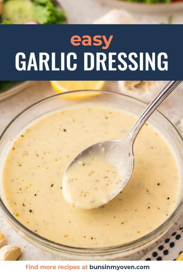 Homemade garlic dressing in glass bowl.