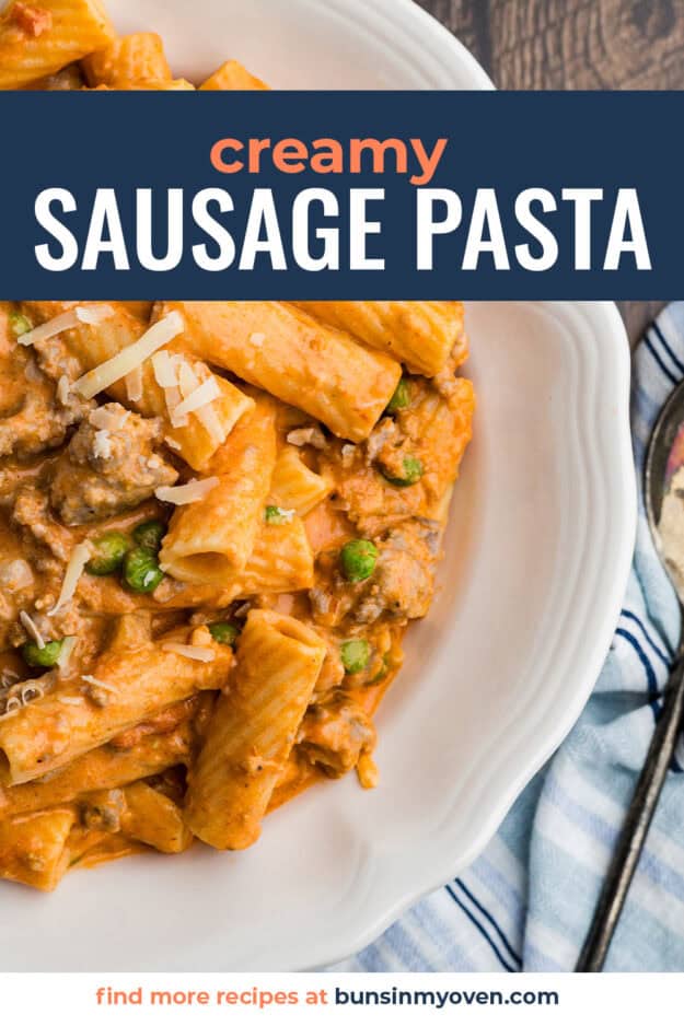 Plate full of sausage pasta recipe.