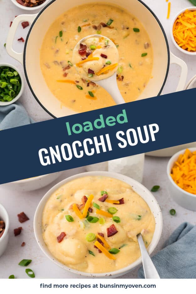 Collage of loaded gnocchi soup images.
