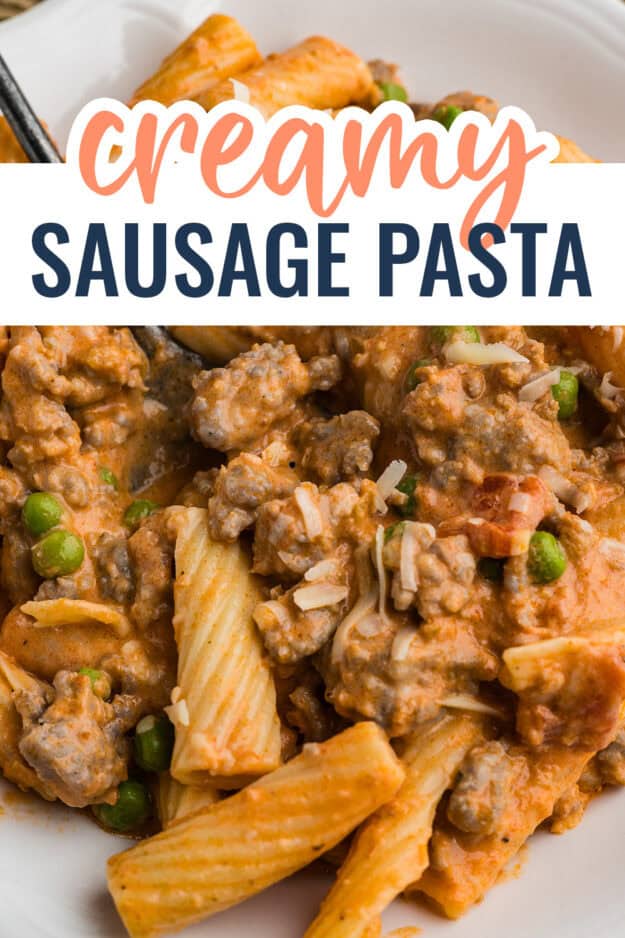 Sausage and pasta on plate.
