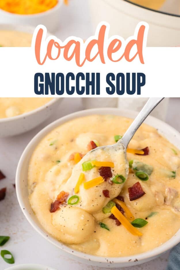 spoon full of loaded gnocchi soup.