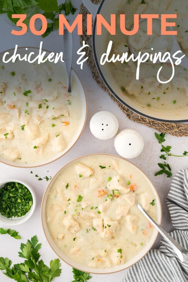 Bowls full of recipe for chicken and dumplings that's ready in 30 minutes.