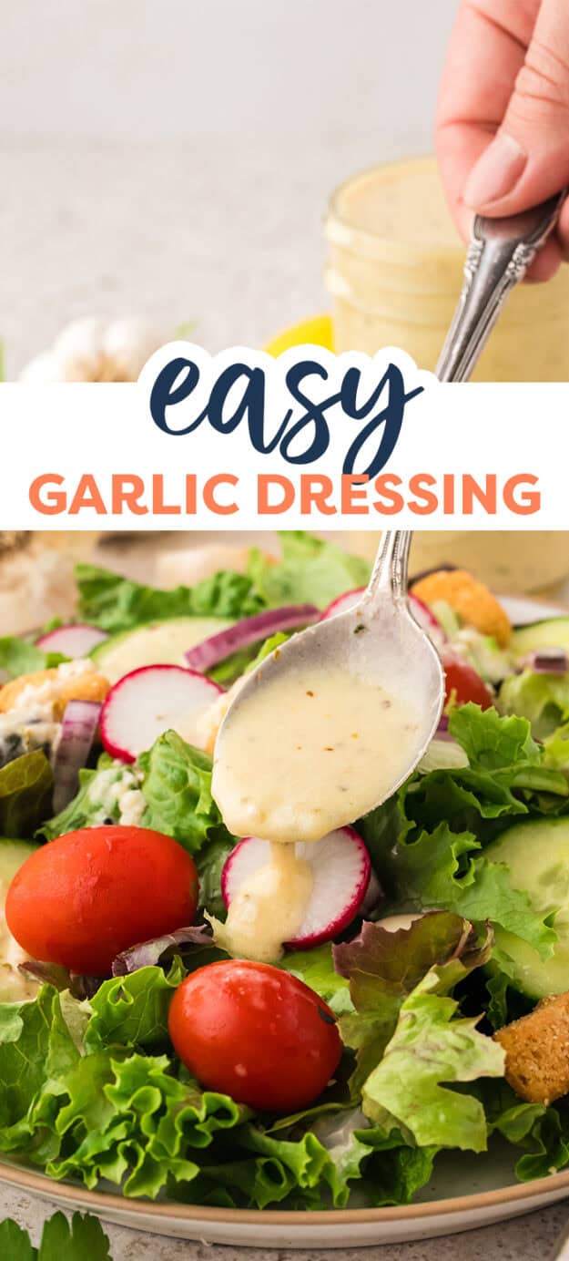 Spoon drizzling easy garlic dressing over green salad.
