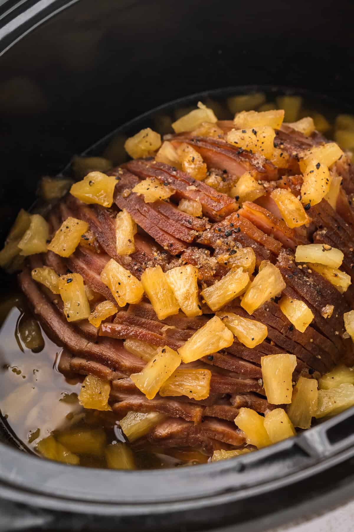 Brown sugar pineapple ham in crockpot.