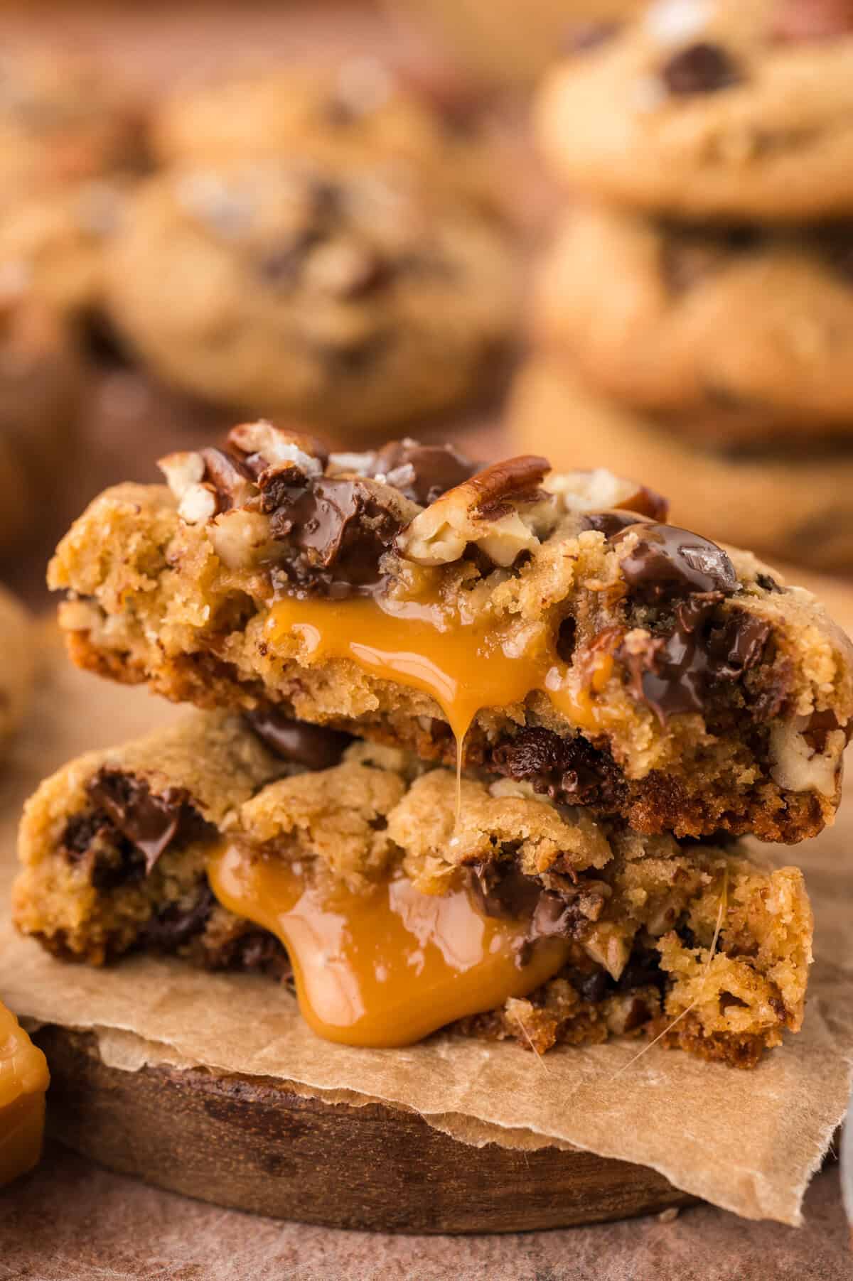 Browned butter turtle cookies with caramel oozing out of the center.