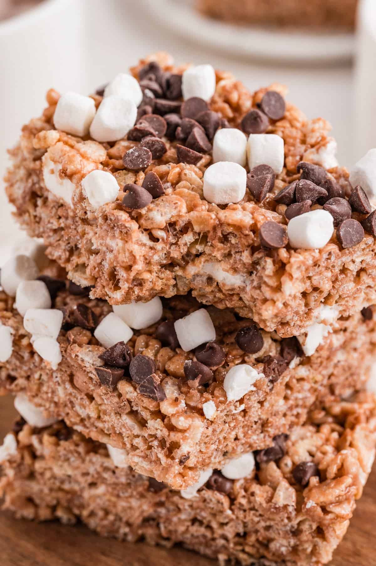Stack of hot cocoa rice krispies treats.