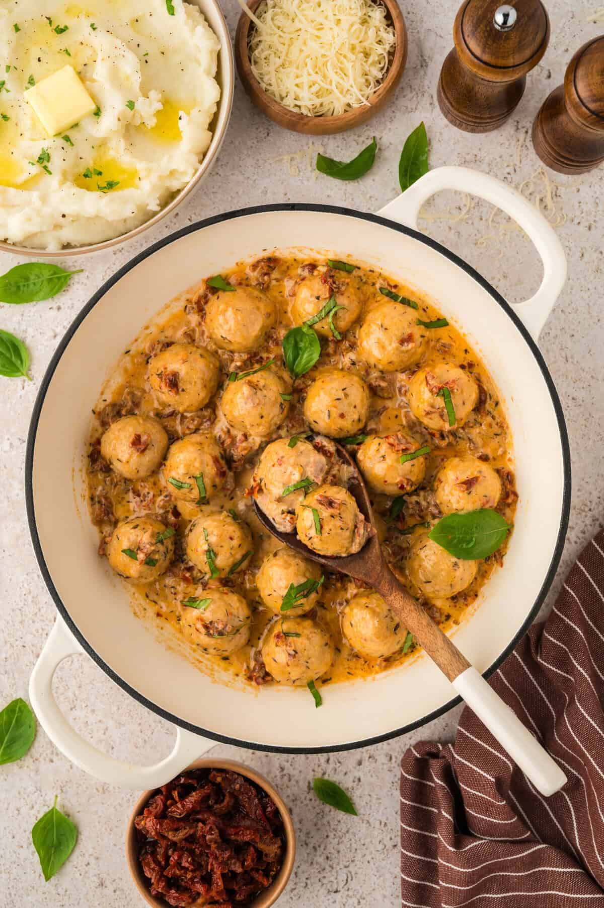 Marry me chicken meatballs in skillet.