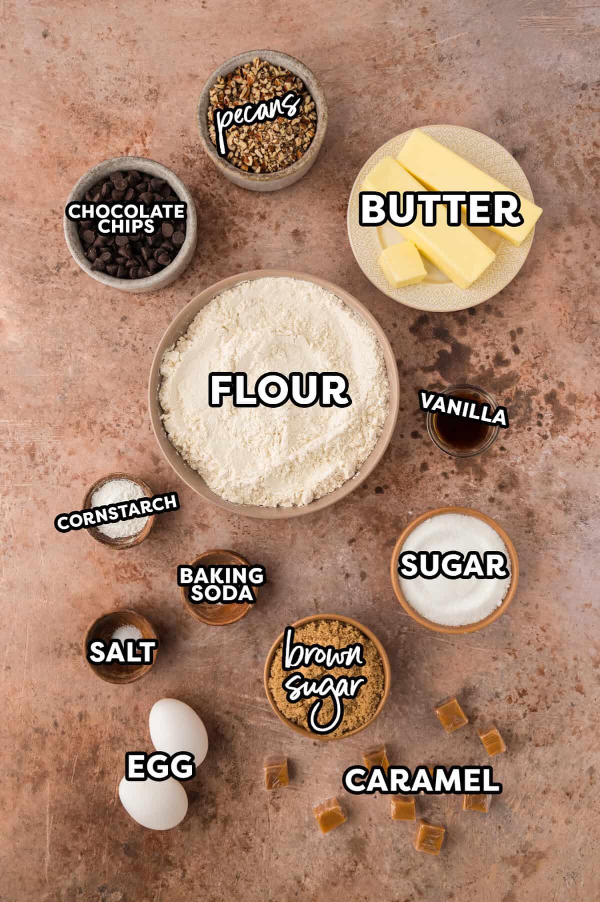 Ingredients for turtle cookie recipe.