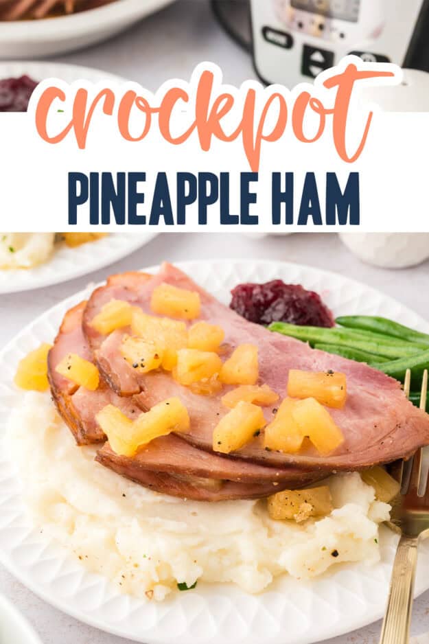 Sliced ham with pineapples on plate.