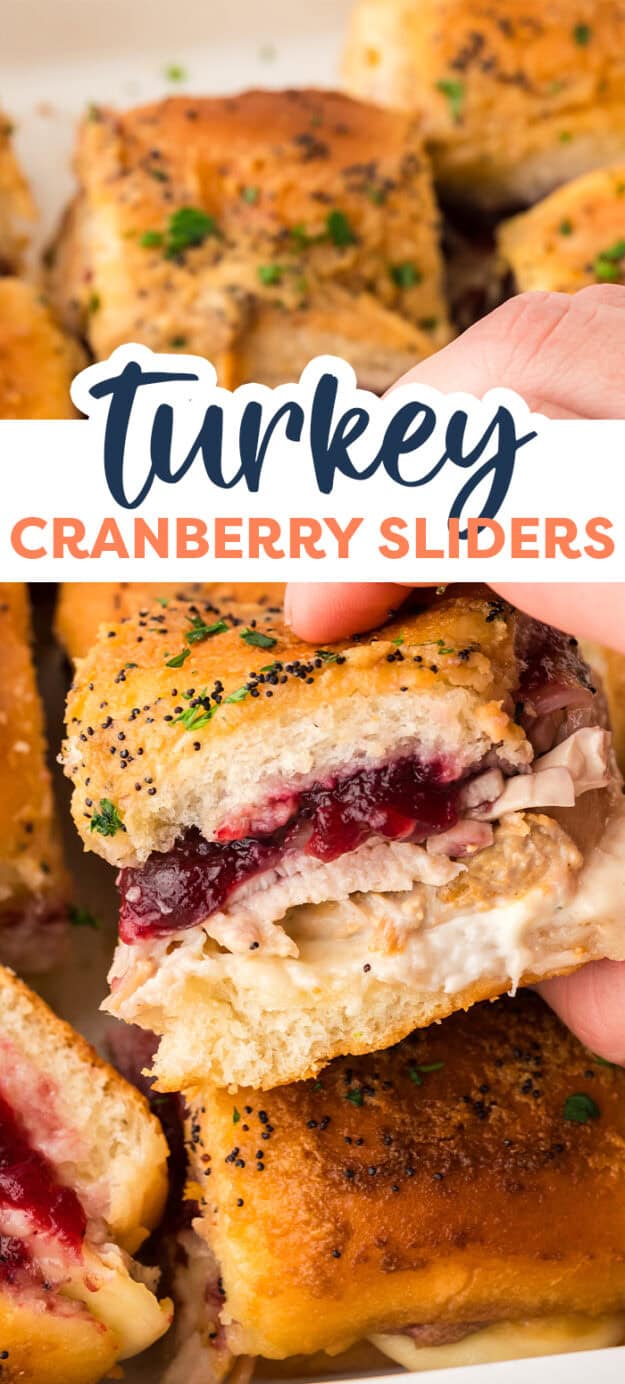 Turkey sliders with cranberry sauce in hand.