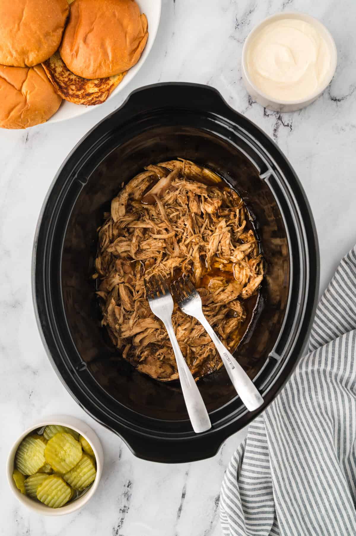 Shredded chicken in crockpot.