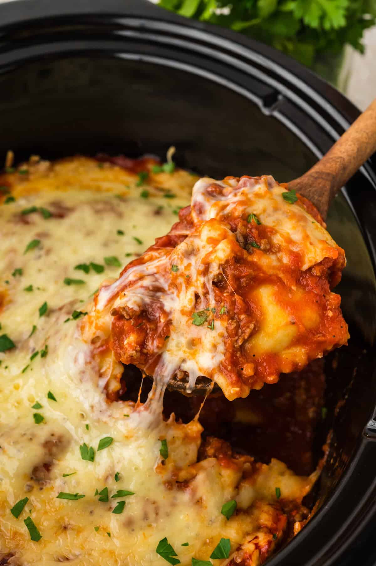 Cheesy ravioli being pulled out of a crockpot on a wooden spoon.