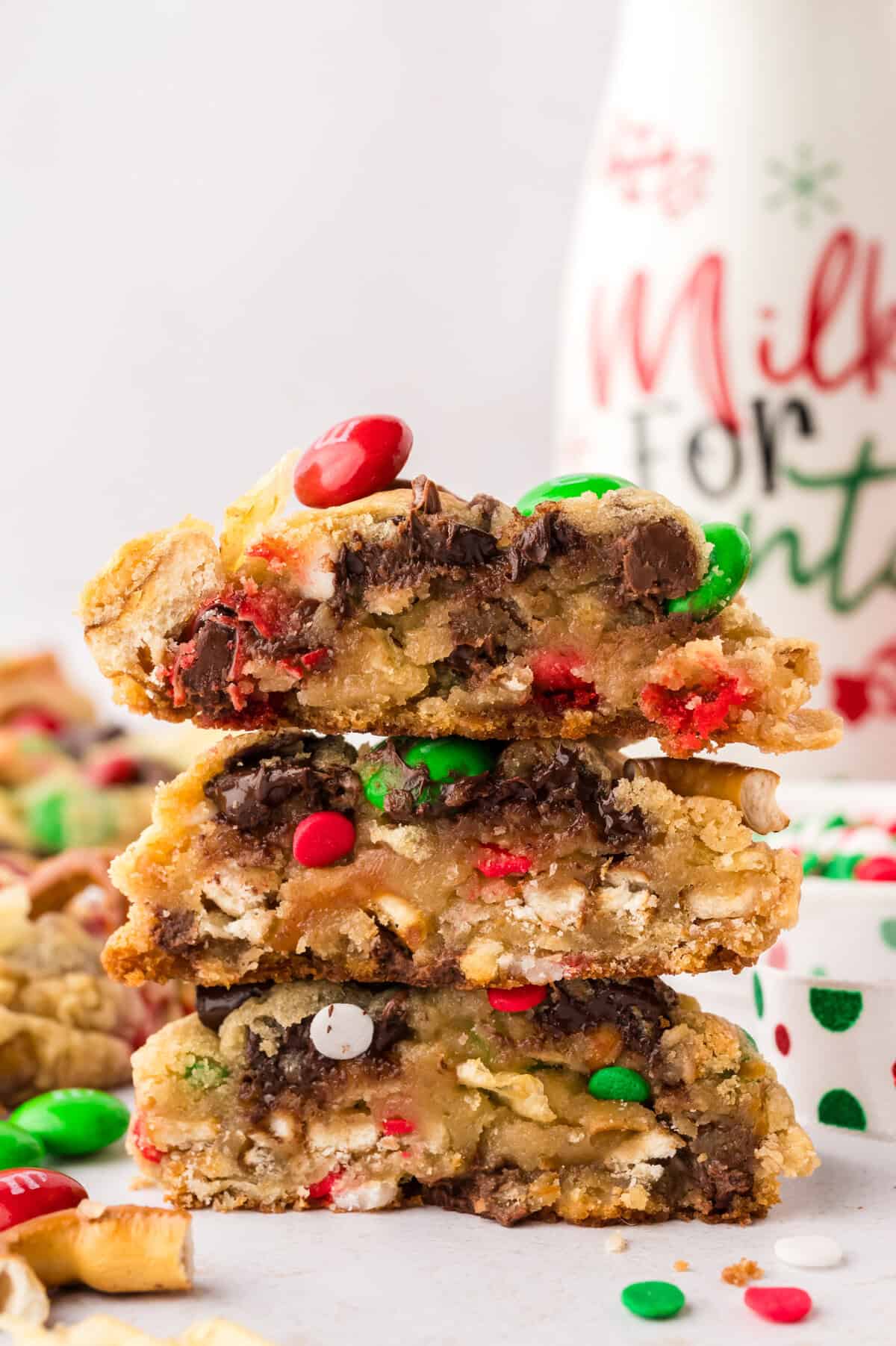 Stack of chocolate chip christmas cookies on counter.