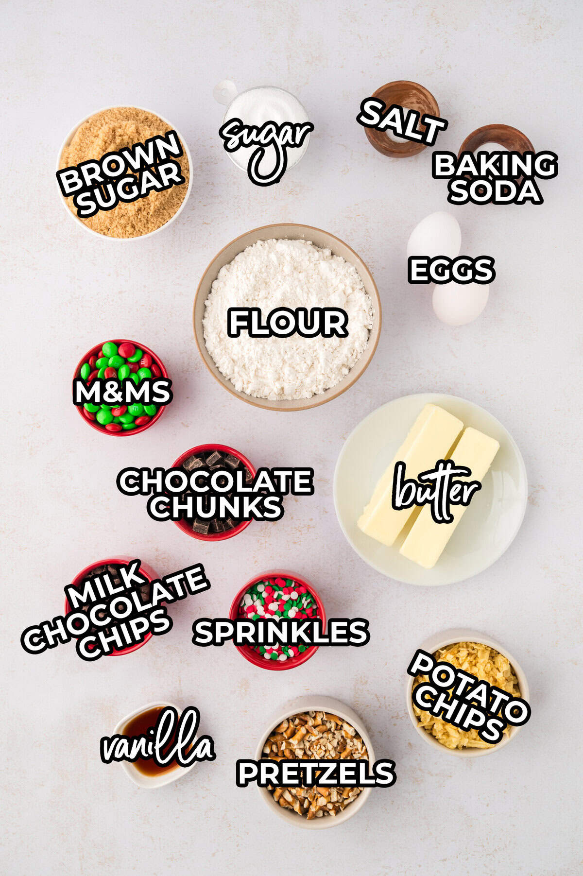Ingredients in christmas chocolate chip cookies.