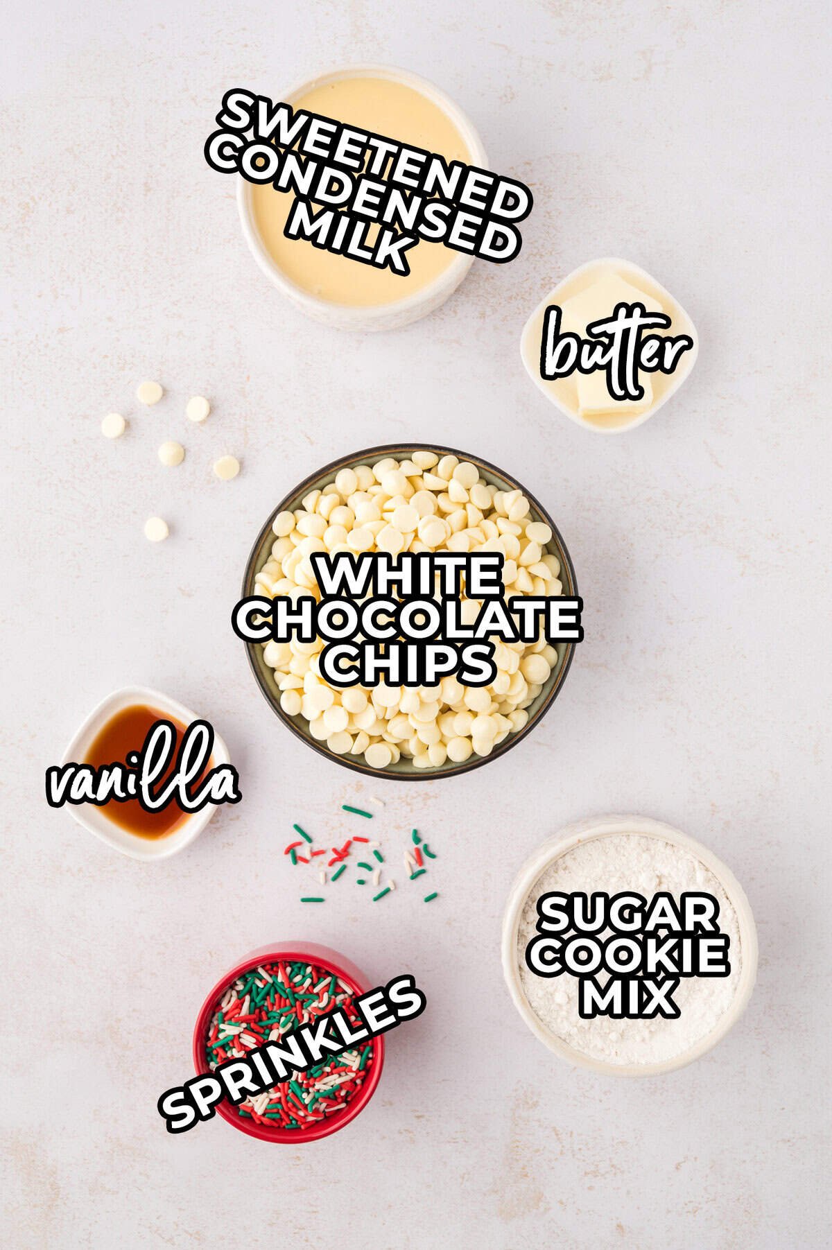 Ingredients for sugar cookie fudge recipe.