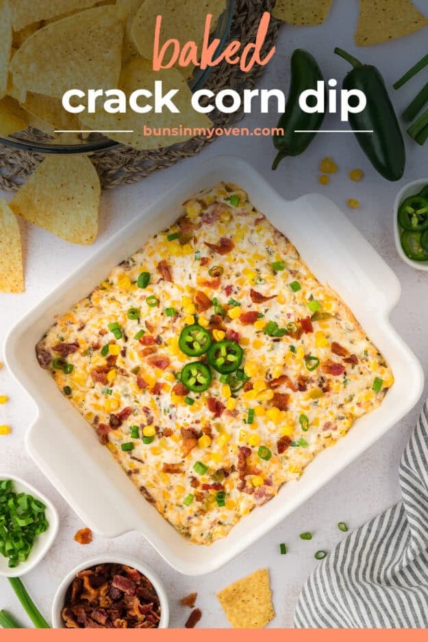 Overhead view of crack corn dip in white dish.