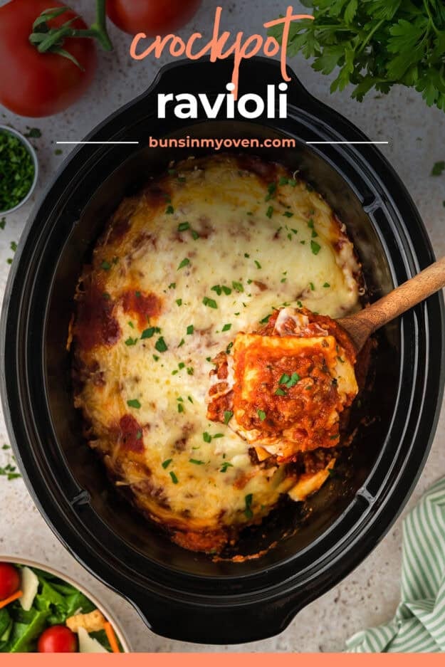 Slow cooker full of cheesy ravioli recipe.