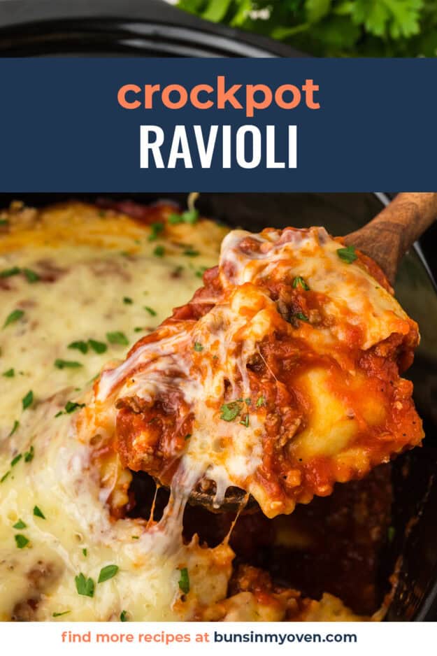 Cheesy ravioli being scooped out of crockpot.