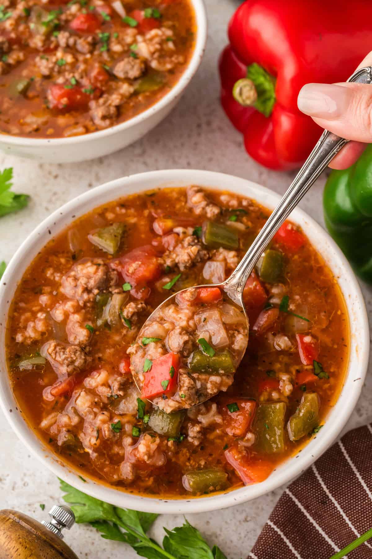 Bowl full of crockpot stuffed pepper soup recipe.