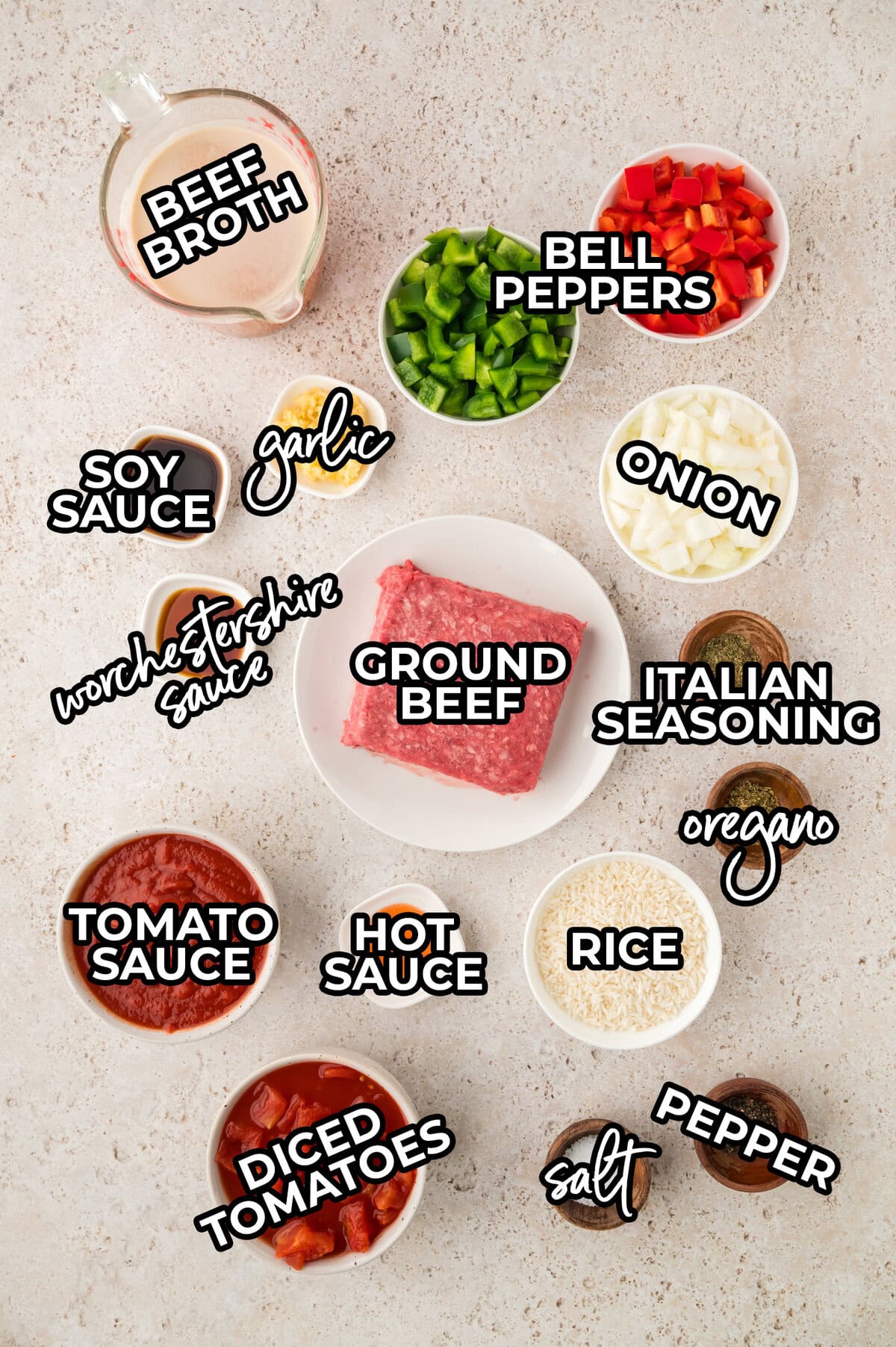 Ingredients for crockpot stuffed pepper soup recipe.