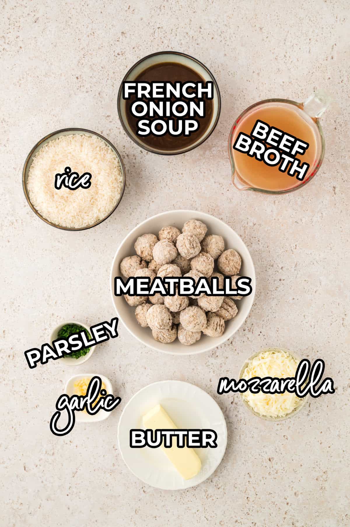 Ingredients for baked meatballs and rice.