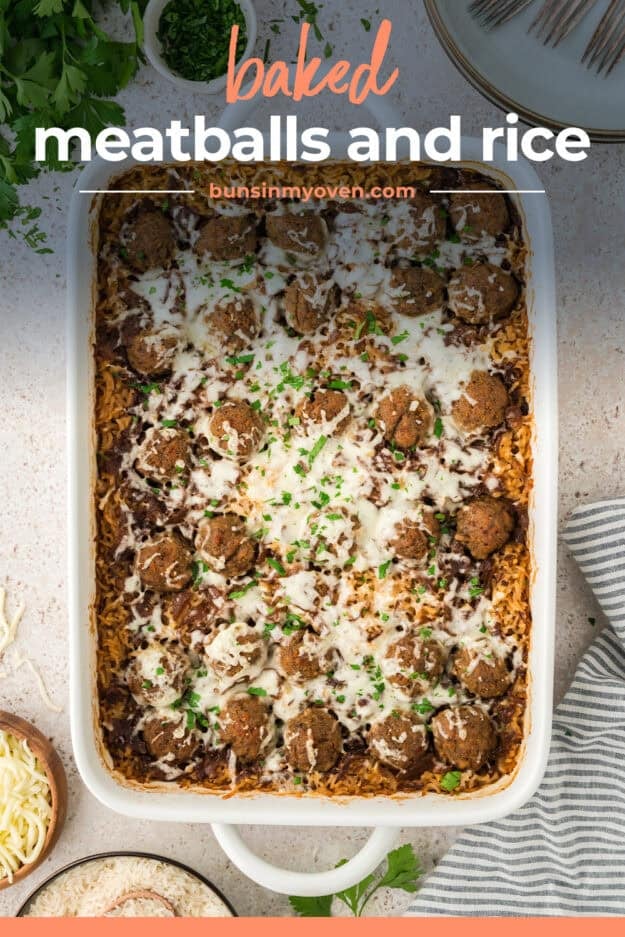 Casserole dish full of cheesy meatballs and rice recipe.