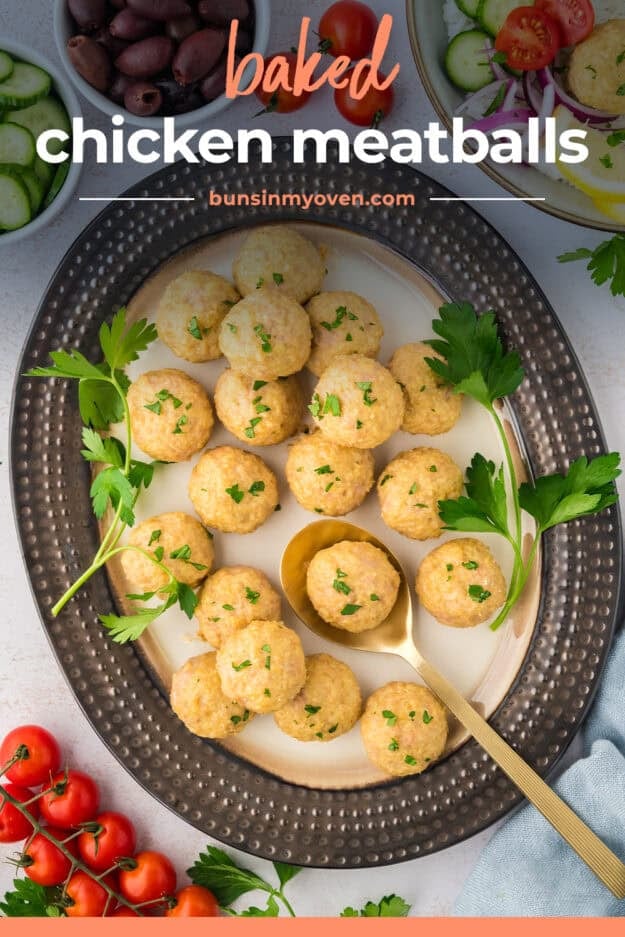 Platter topped with chicken meatballs recipe.