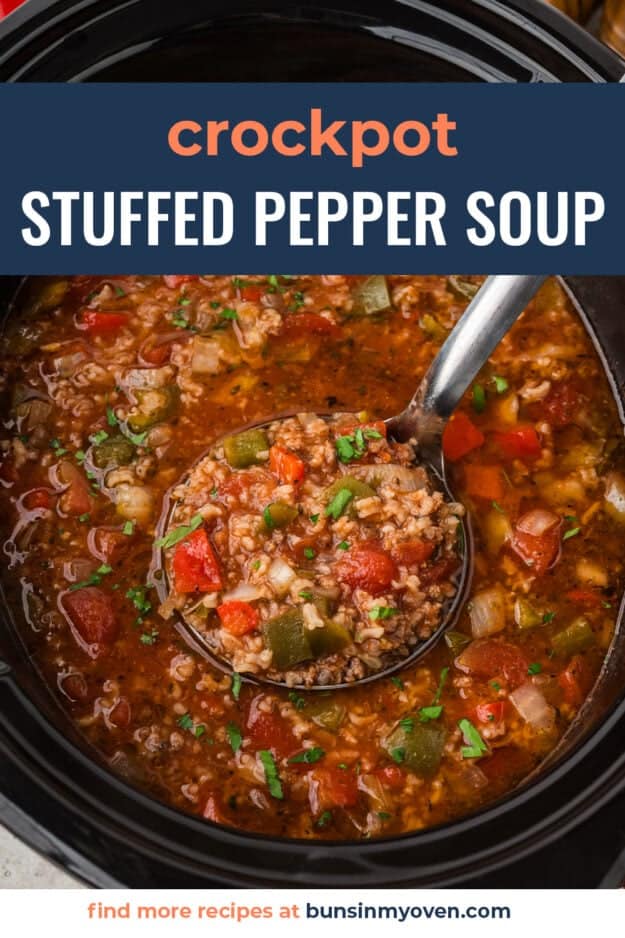 Stuffed pepper soup in crockpot on ladle.