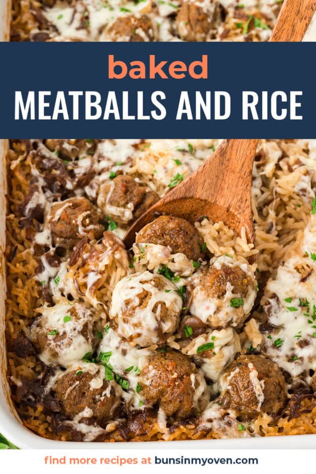 Baked meatballs and rice in casserole dish.