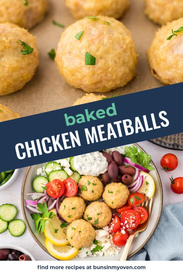 Collage of baked chicken meatballs.