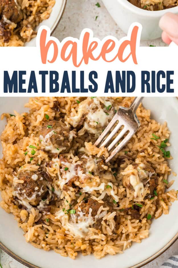 Plate topped with cheesy meatballs and rice recipe.