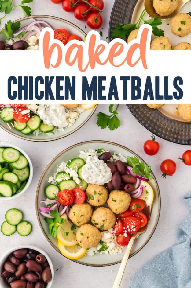 Chicken meatballs in bowl with rice and veggies.