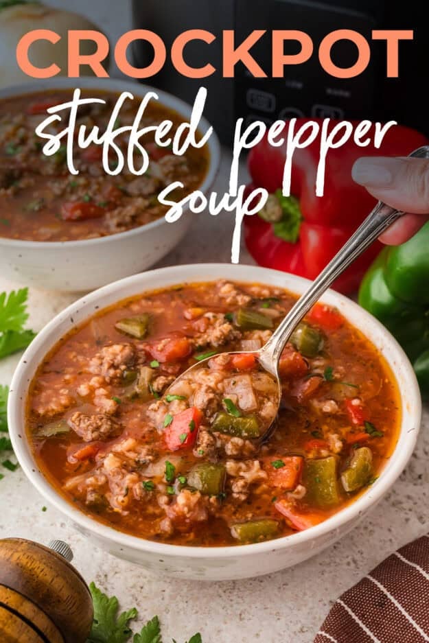 Bowl full of stuffed pepper soup.