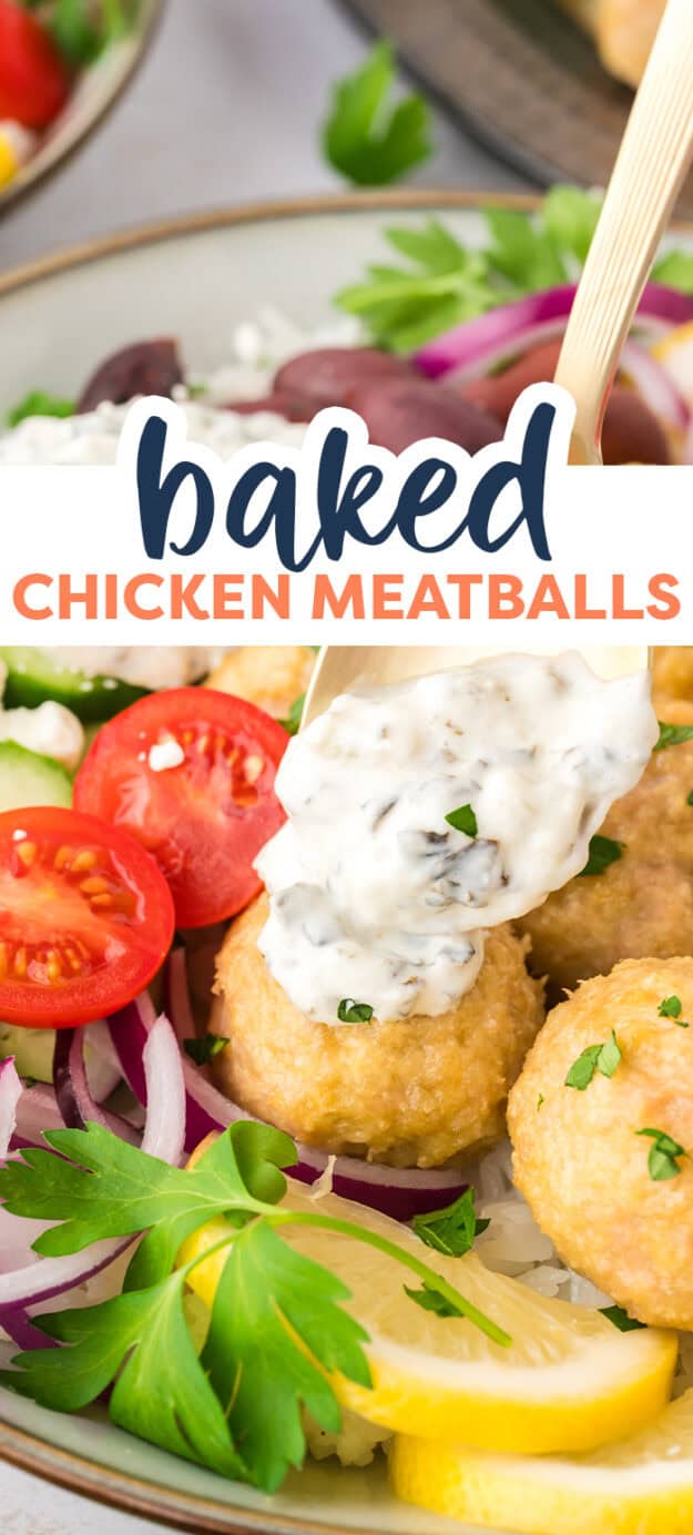 Baked chicken meatballs being topped with tzatziki sauce.