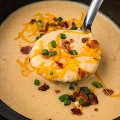Ladle full of potato soup in crockpot.