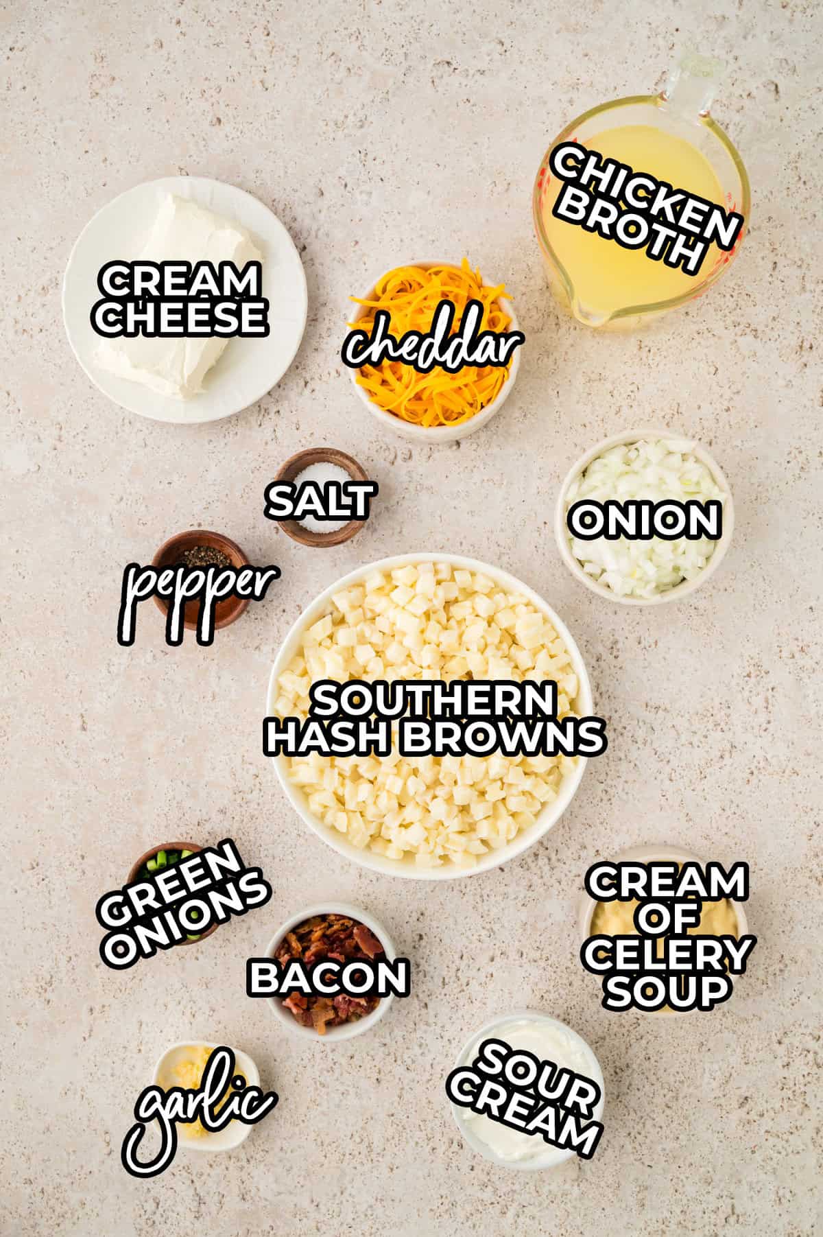 Ingredients for crockpot potato soup with hashbrowns laid out on counter.