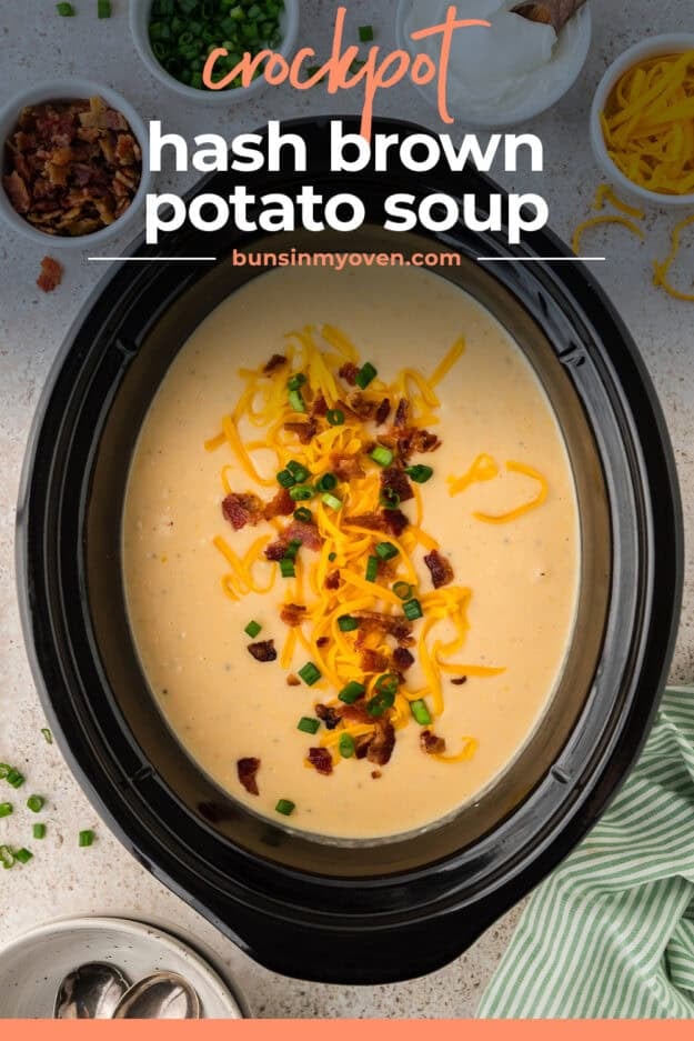 Slow cooker full of cheesy potato soup.