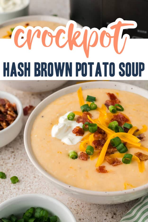Bowl full of crockpot potato soup made with frozen hash browns.