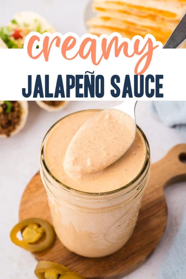 Creamy jalapeno sauce on spoon over jar.