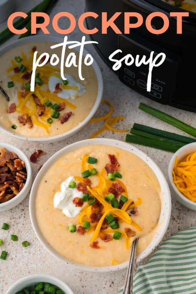 Bowls of potato soup on counter.