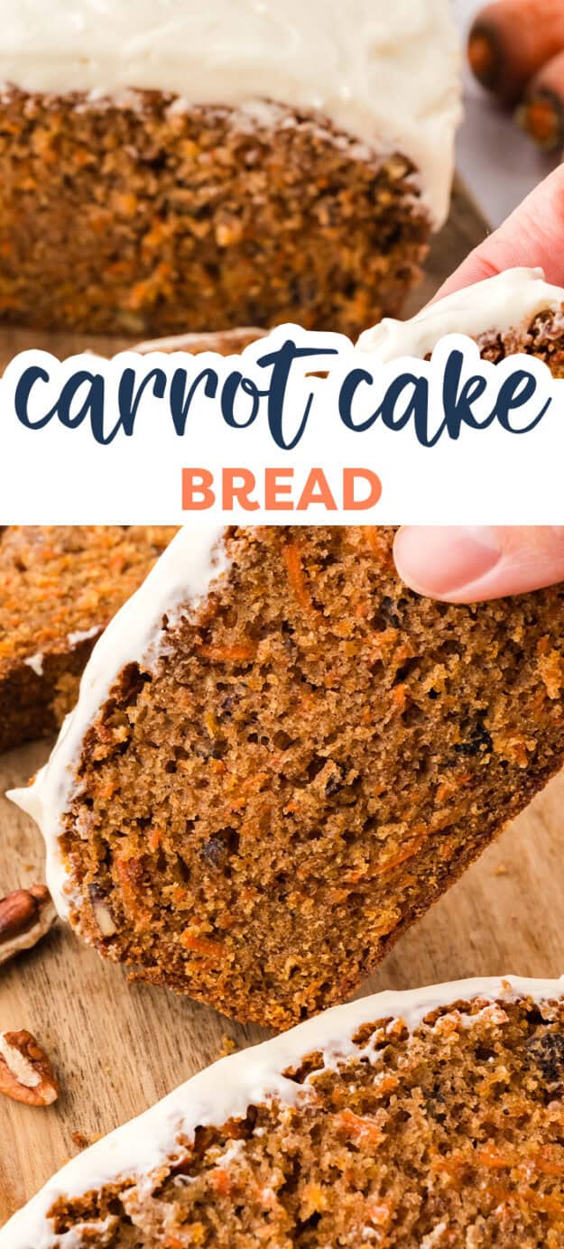Hand holding a slice of carrot cake bread.