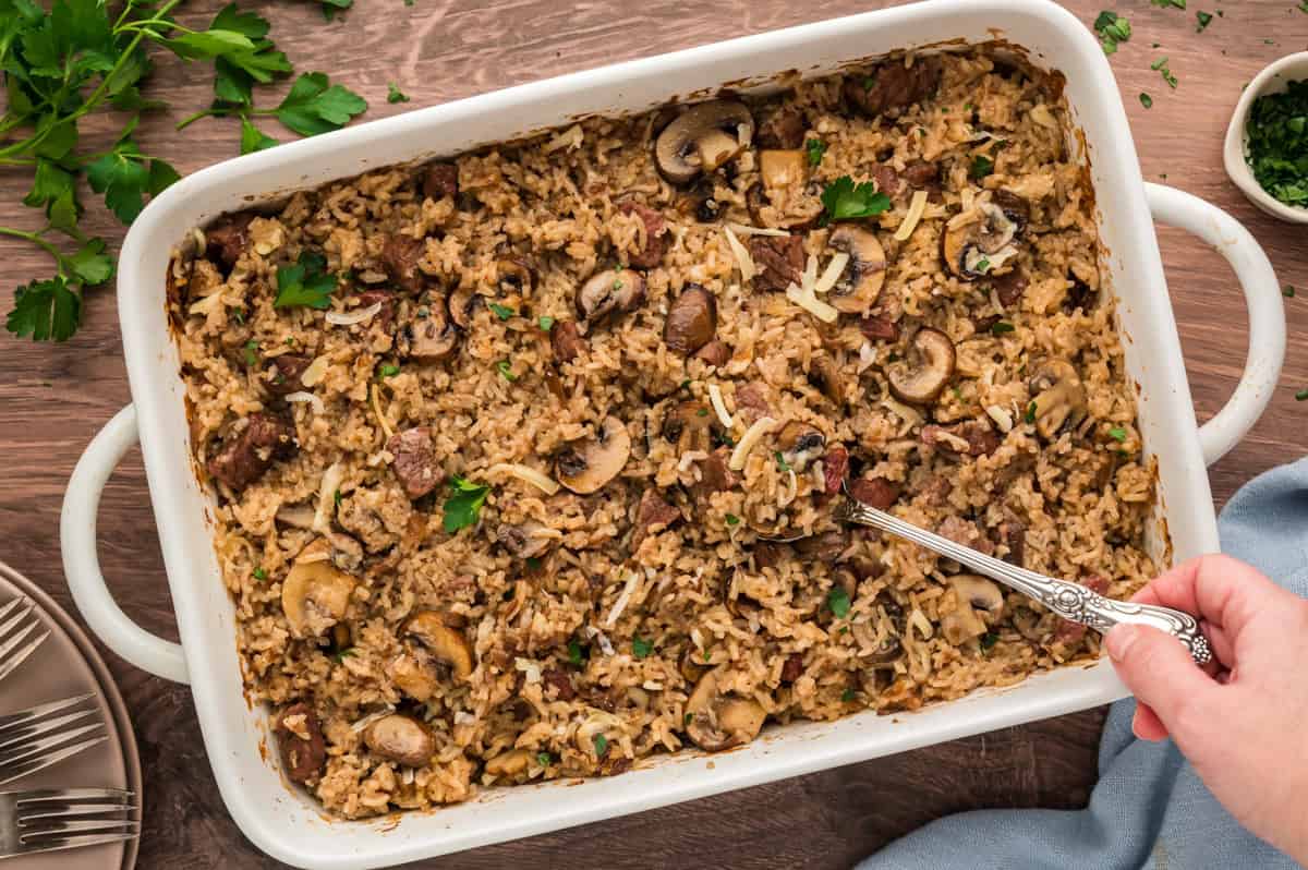 Steak and Mushroom Baked Rice