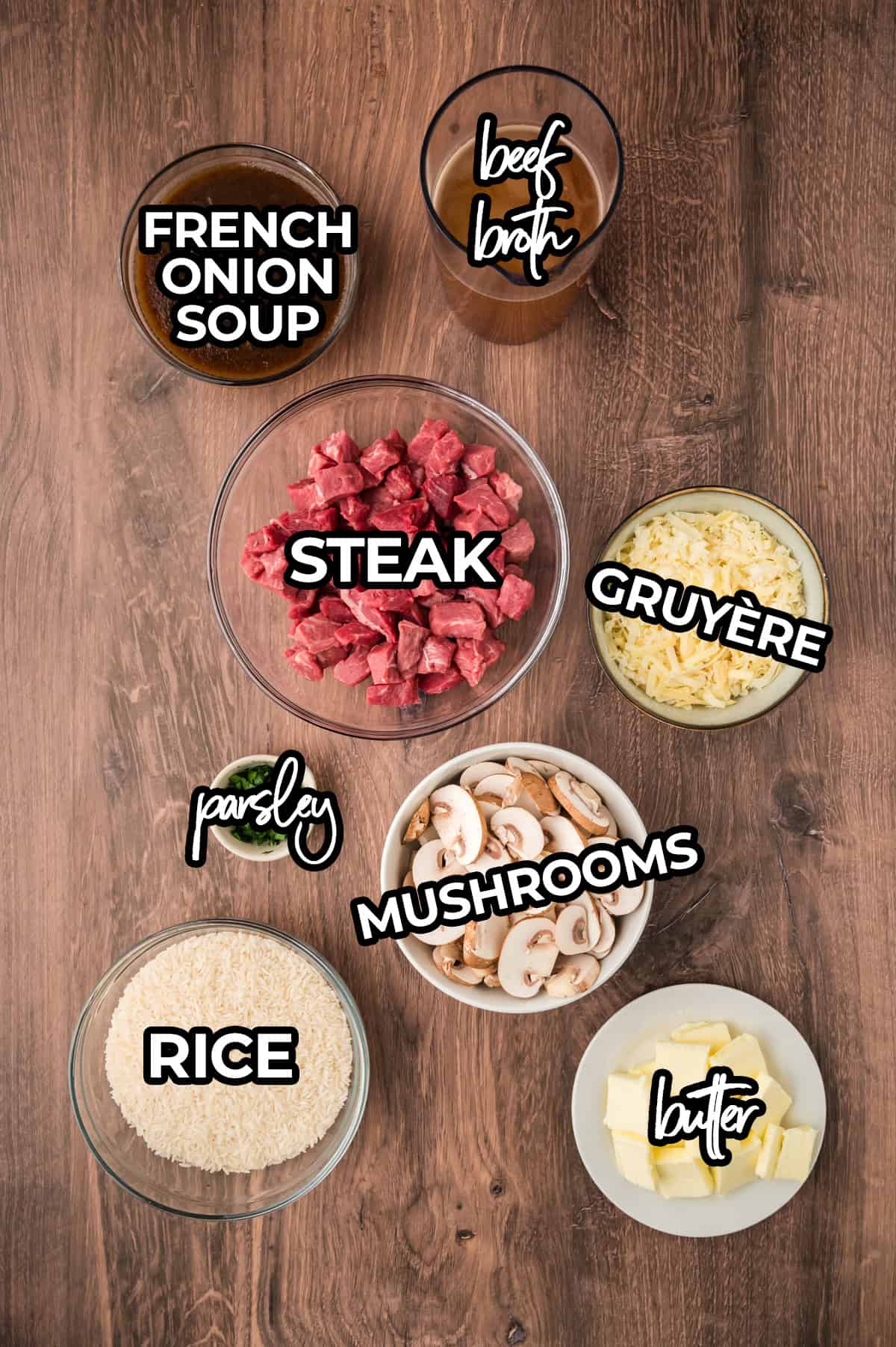 Ingredients for steak and mushroom rice casserole recipe.