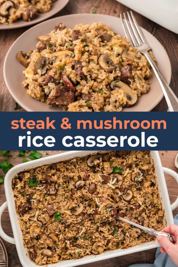 Collage of steak and mushroom rice casserole images.