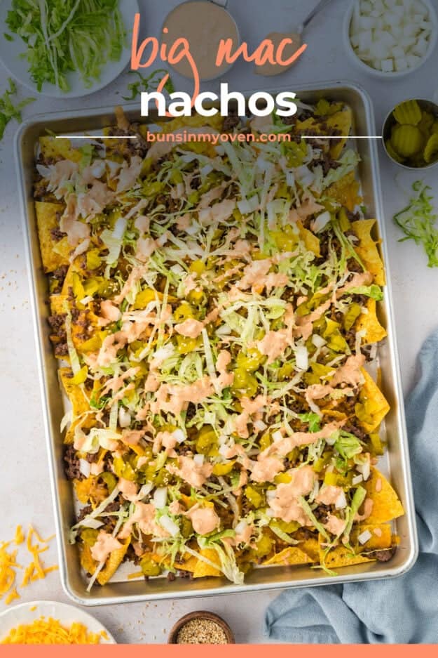 Sheet pan full of Big Mac nachos.