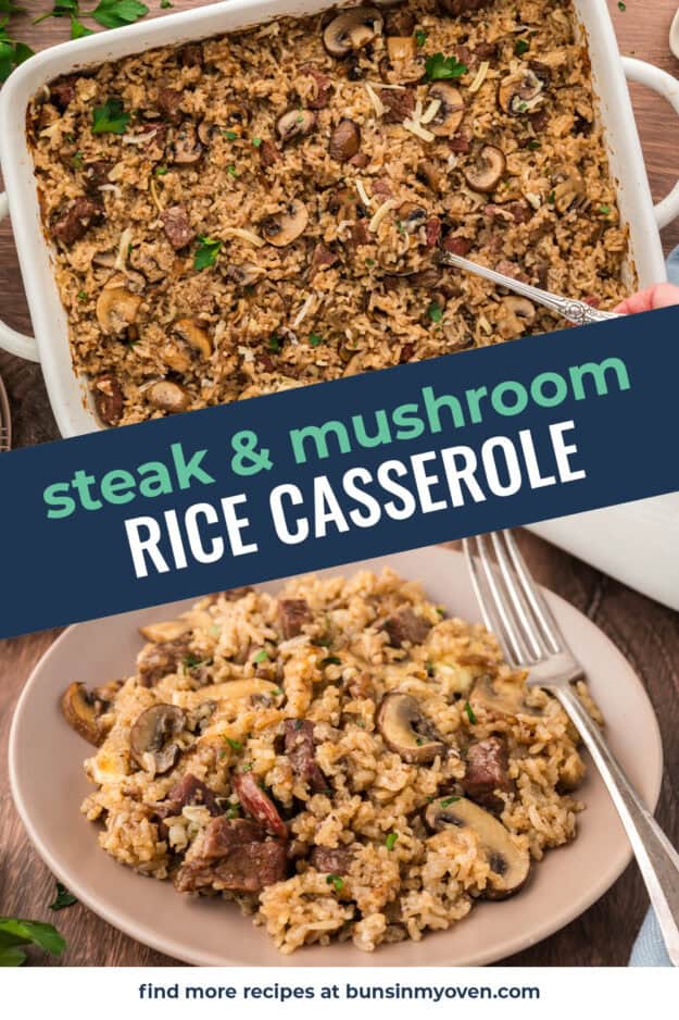 Collage of steak and mushroom baked rice recipe images.