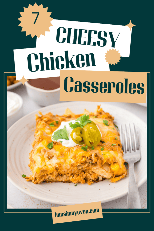 Sour cream chicken enchilada casserole on plate on pinterest graphic.